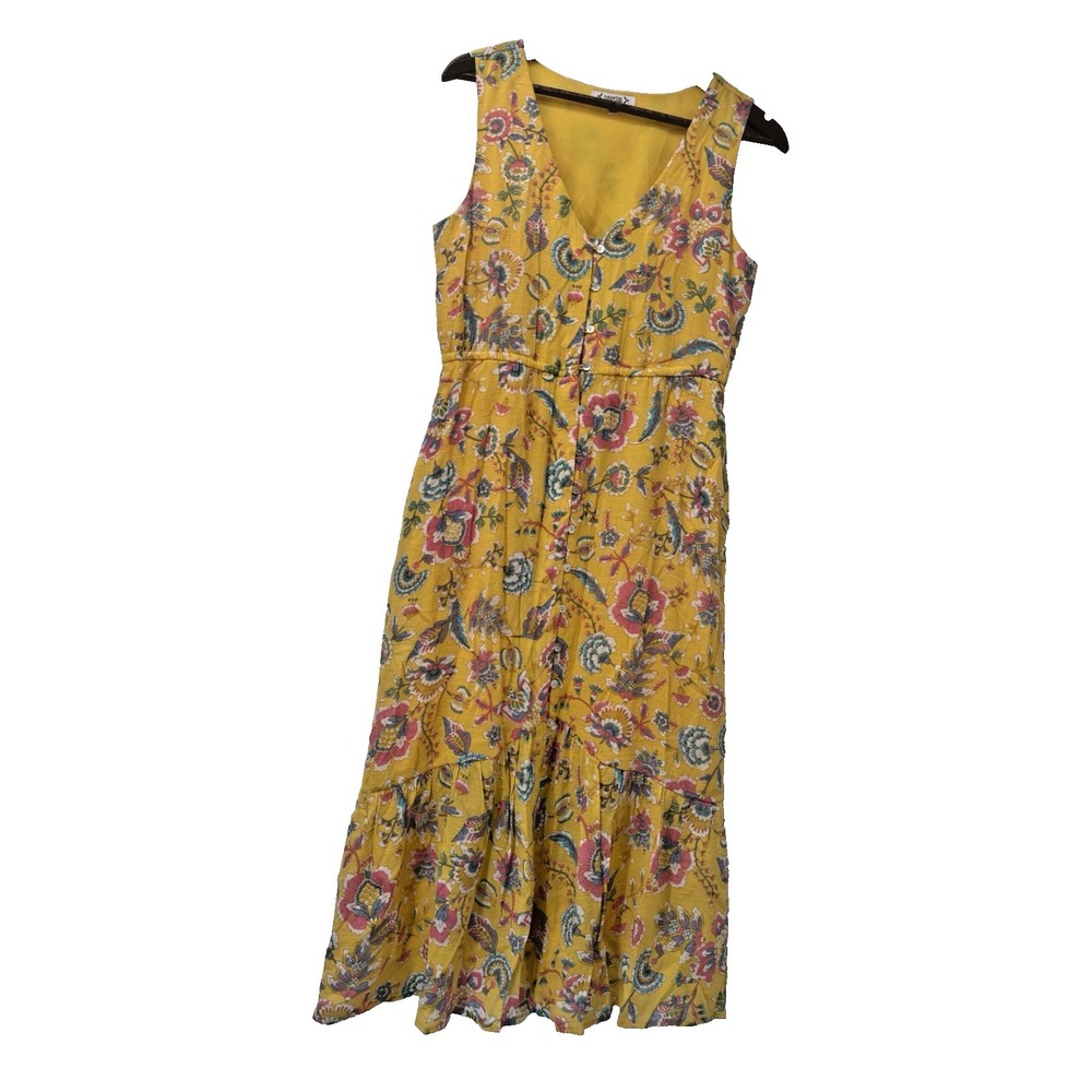 Nanette Lepore Yellow Floral maxi Dress 8 Sleeveless V Neck Ruffle tiered button